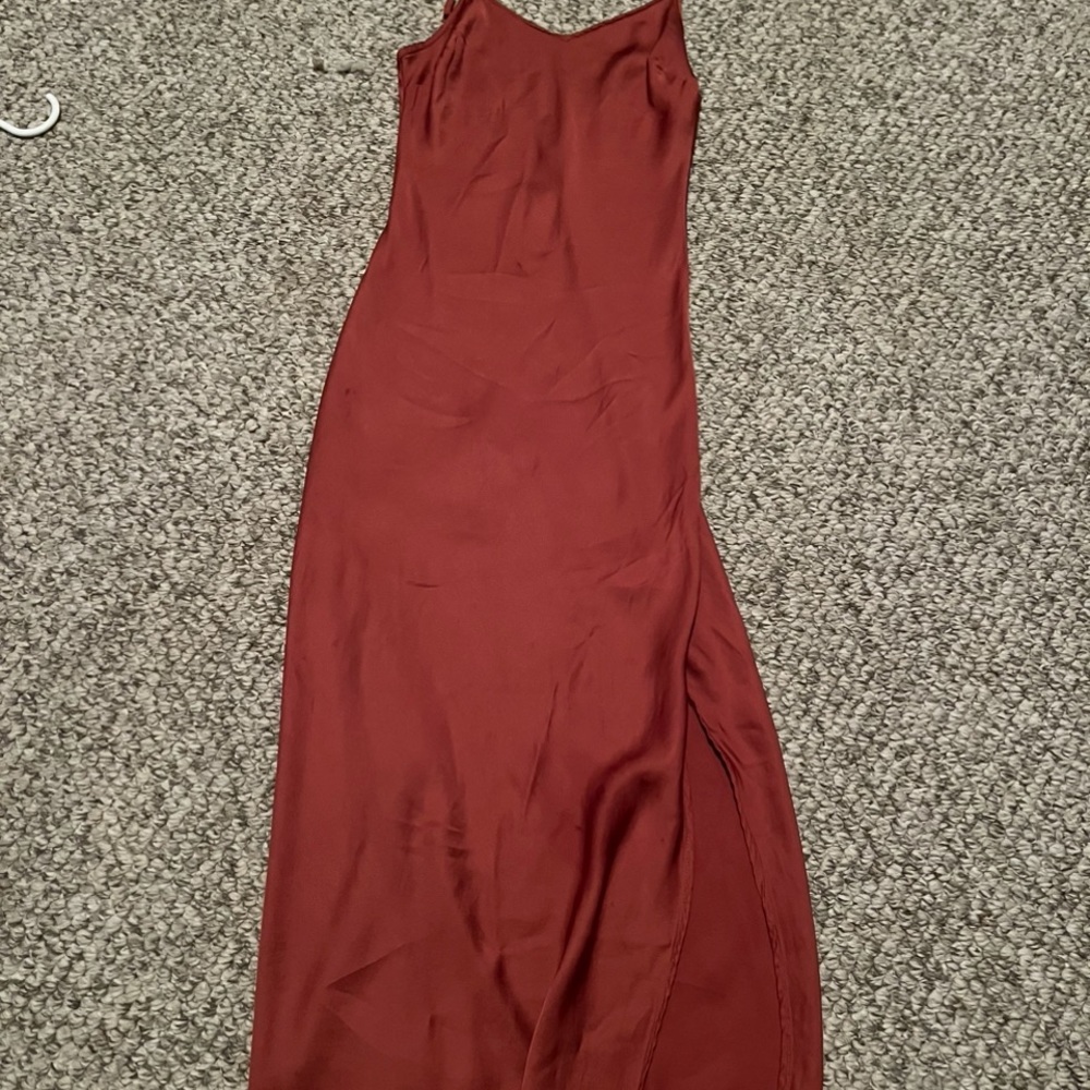 slim copper midi satin dress with slit